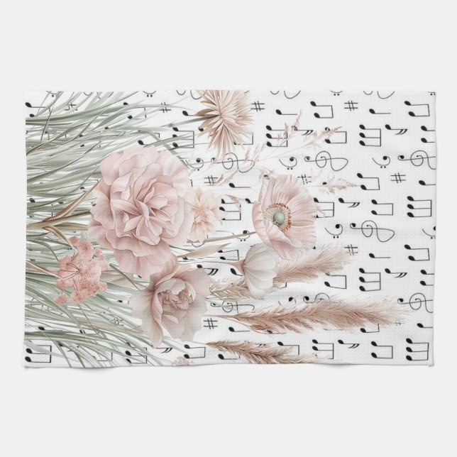 Paño De Cocina Música de hojas antiguas con flores silvestres ros (Horizontal)