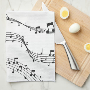 Paño De Cocina Músico de patrón de notas musicales en blanco y ne