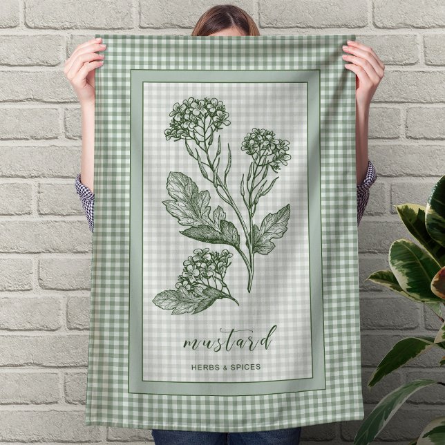 Paño De Cocina Mustard Herb Kitchen Towel – Green Gingham Border (Mustard Herb Kitchen Towel – Green Gingham Border)