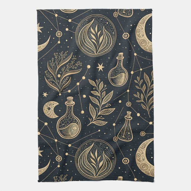 Paño De Cocina Mystical Celestial Witchcraft - Gold Botanical (Vertical)
