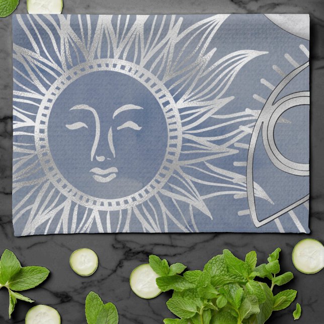 Paño De Cocina Mystique solar | Dusty Blue Silver Moon Stars Sun (Subido por el creador)