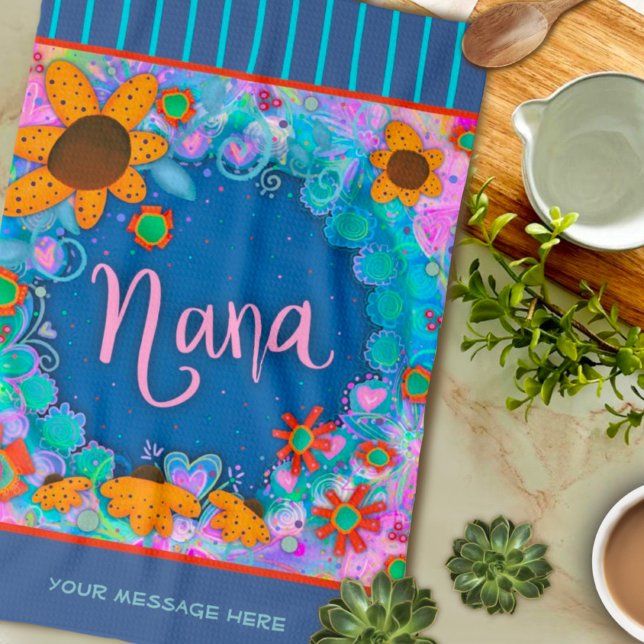 Paño De Cocina Nana Blue Bonito Floral Stripes Fun Personalizado (Subido por el creador)