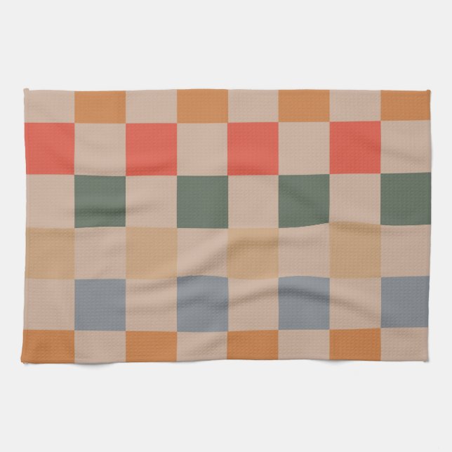 Paño De Cocina Naranja azul beige Brown Checkered Gingham Pattern (Horizontal)
