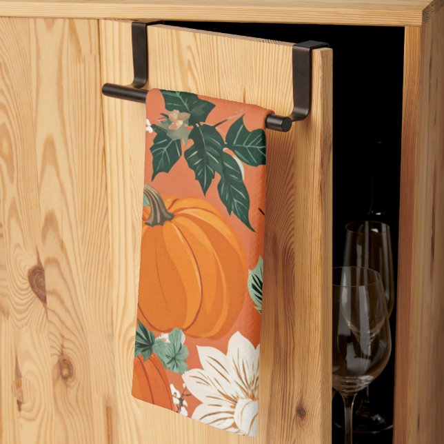 Paño De Cocina Naranja Boho Calabaza Patrón floral otoñal (Pliegue de tercios)