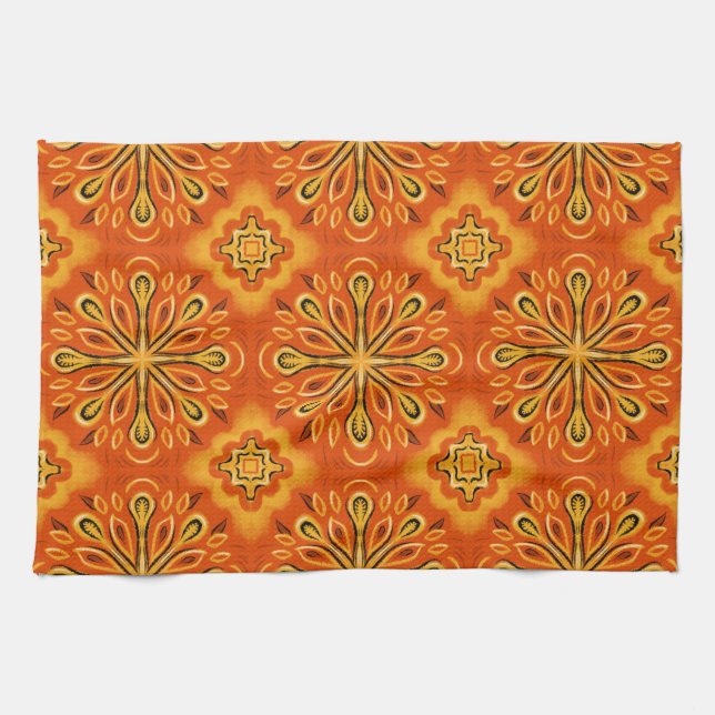 Paño De Cocina Naranja Boho Resumen Patrón de flores Decorativo (Horizontal)