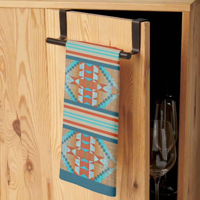 Paño De Cocina Naranja Brown Aqua Turquoise Blue Tribal Art (Pliegue de tercios)