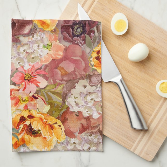 Paño De Cocina Naranja Burgundy otoño otoño acuarela floral (Doblado Cuarto)