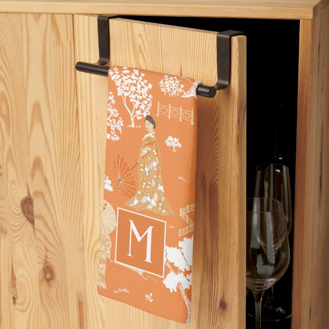 Paño De Cocina Naranja Chinoiserie Pagodas Monograma (Pliegue de tercios)