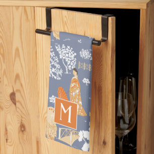 Paño De Cocina Naranja Chinoiserie Pagodas Monograma