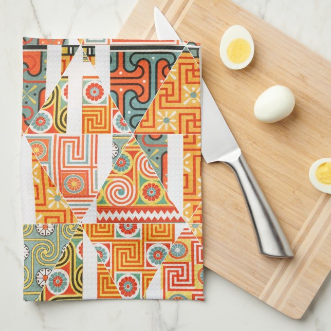 Paño De Cocina Naranja  Cocina con un patrón de arte floral de di (Doblado Cuarto)
