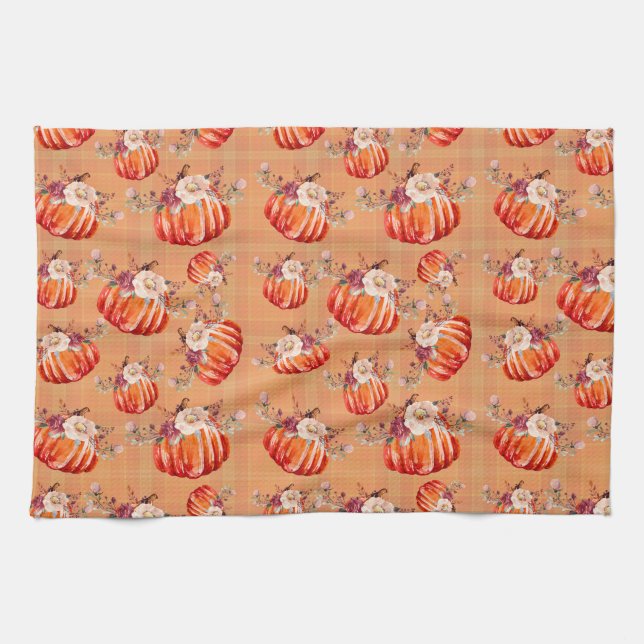 Paño De Cocina Naranja de calabaza otoño plaid floral otoño otoño (Horizontal)