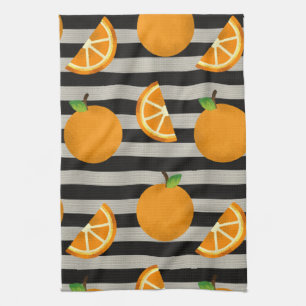 Paño De Cocina Naranja de franjas modernas en blanco y negro