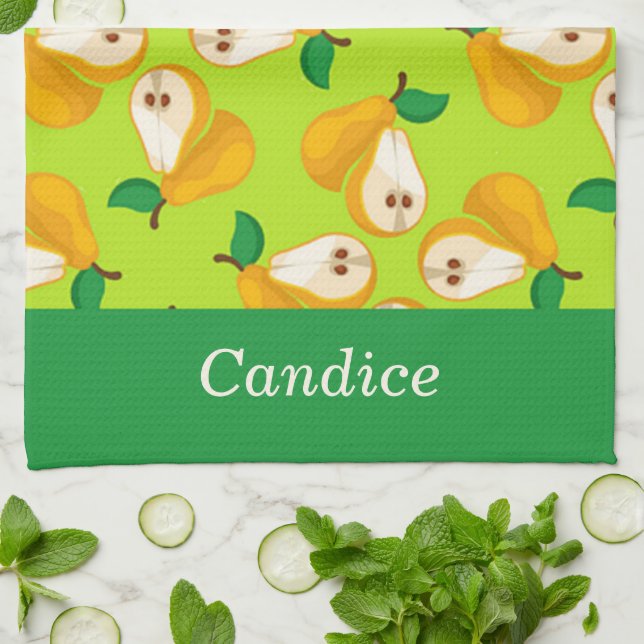 Paño De Cocina Naranja de nombres personalizados peras en verde (Doblado)