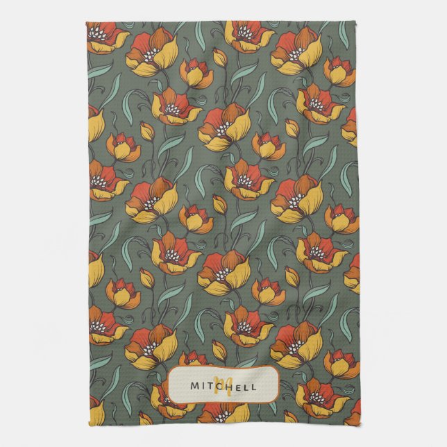 Paño De Cocina Naranja de oro verde floral retro personalizado (Vertical)
