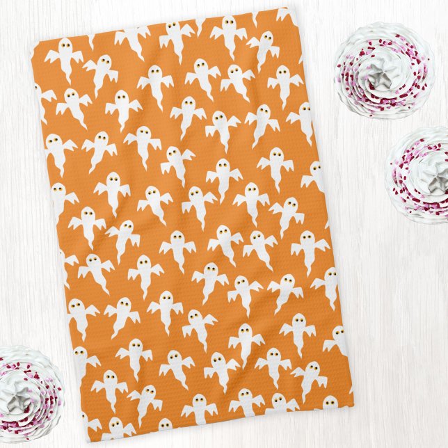 Paño De Cocina Naranja fantasma de Halloween (Cute ghosts orange art kitchen tea towel)