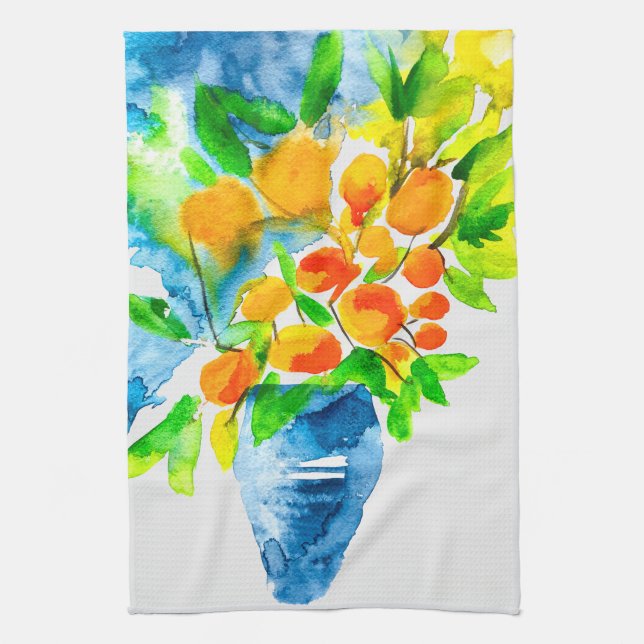 Paño De Cocina Naranja kumquat frutal arte acuarela (Vertical)