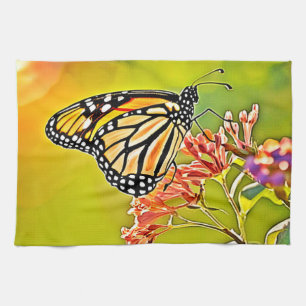 Paño De Cocina Naranja mariposa en diseño de flores rosadas