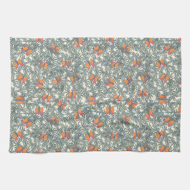 Paño De Cocina Naranja mariposa sobre el patrón de naturaleza de  (Horizontal)
