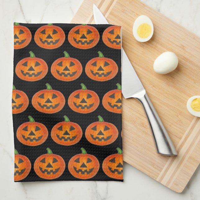 Paño De Cocina Naranja negro Halloween Jack o Lantern Pumpkin (Doblado Cuarto)