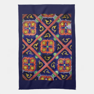 Paño De Cocina Naranja quemado azul cobalto diseño de mosaico sur