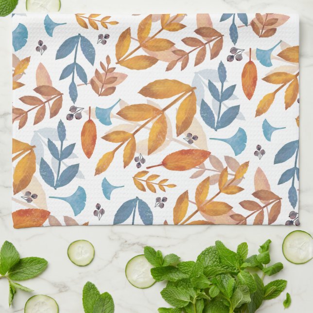 Paño De Cocina Naranja quemado y hojas de otoño azules (Doblado)