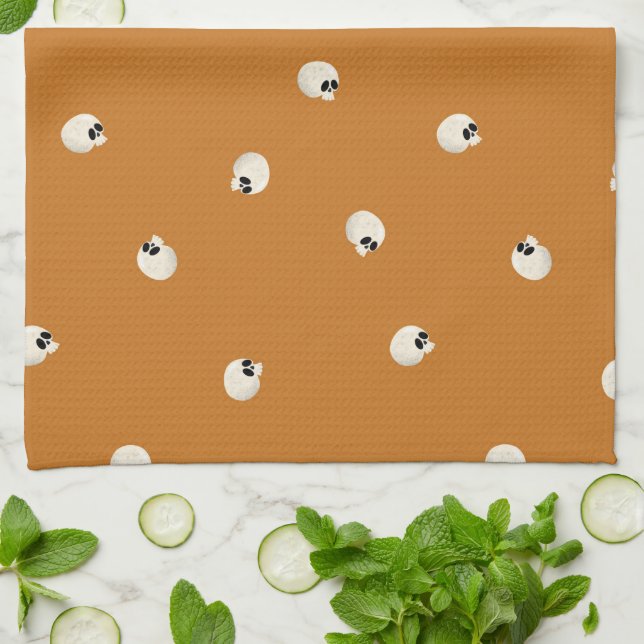 Paño De Cocina Naranja Random Cute Kawaii Skull Dots (Doblado)