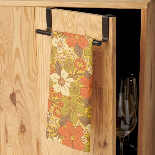 Paño De Cocina Naranja retro 60/70 y floral verde oliva (Pliegue de tercios)