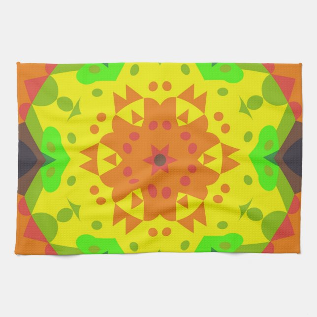 Paño De Cocina Naranja retro Mandala flor amarillo y verde (Horizontal)