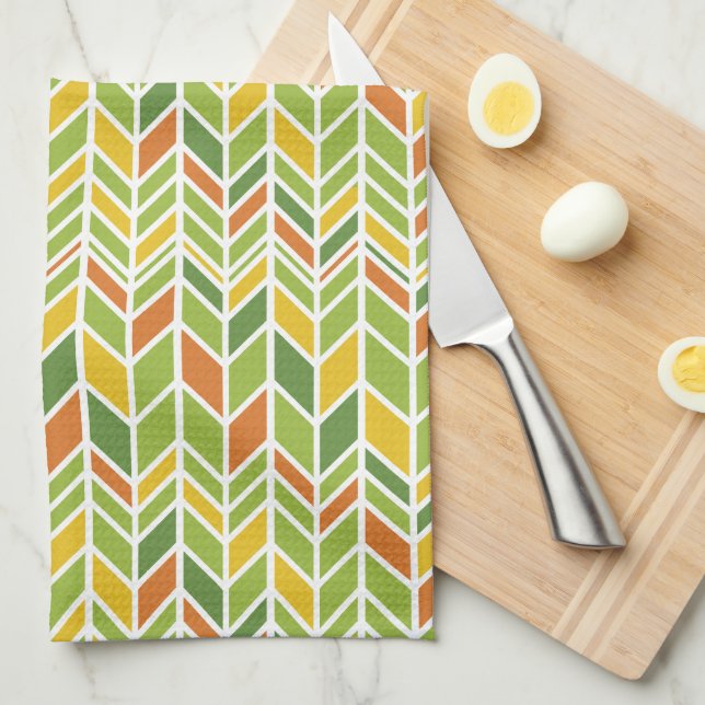 Paño De Cocina Naranja Retro Zig-Zag y Chevron Verde (Doblado Cuarto)