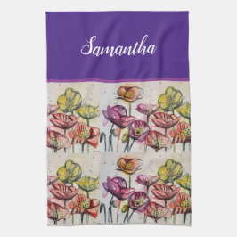 Paño De Cocina Naranja Rojo Flores De Adormidera Arte Floral