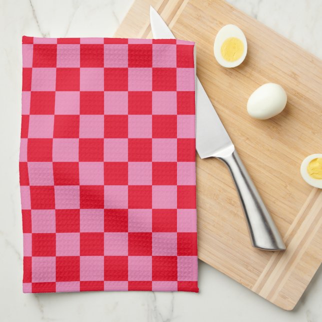 Paño De Cocina Naranja rosa de patrón de comprobación de tablero  (Doblado Cuarto)