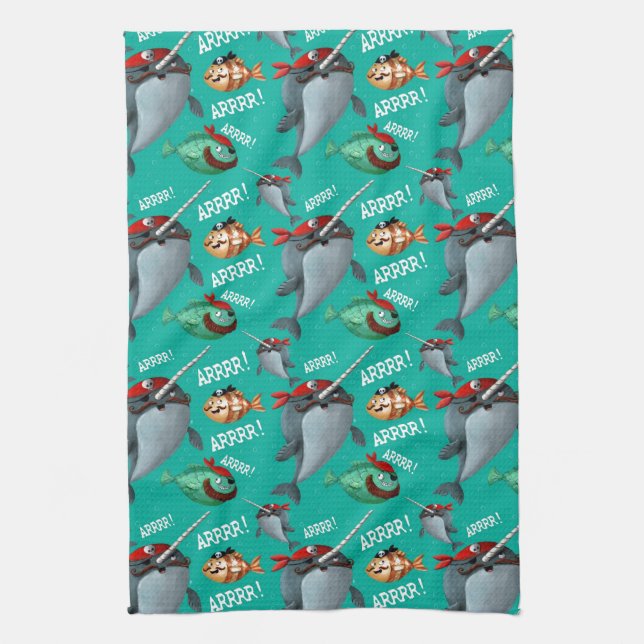 Paño De Cocina Narwhal y modelo del pirata de los pescados (Vertical)