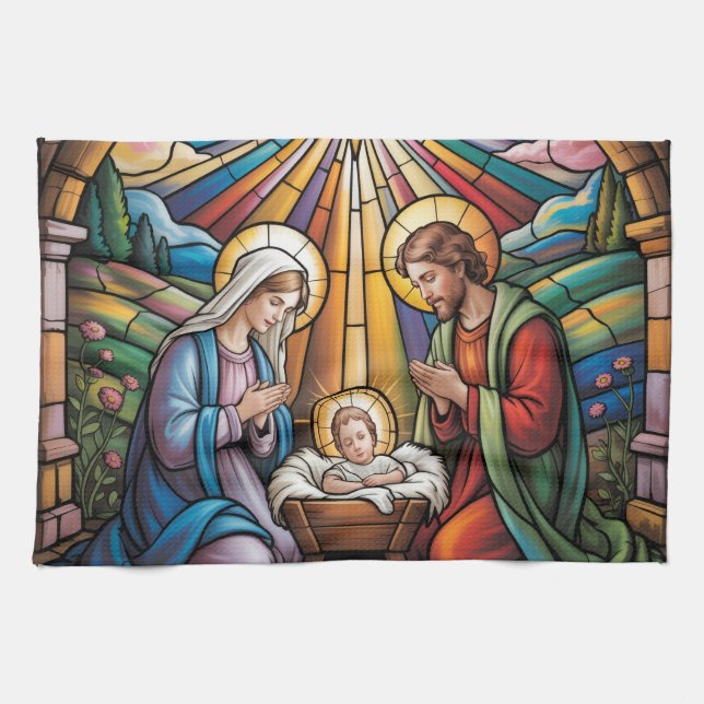 Paño De Cocina Nativity Stained Glass Art – Holy Family Christmas (Horizontal)