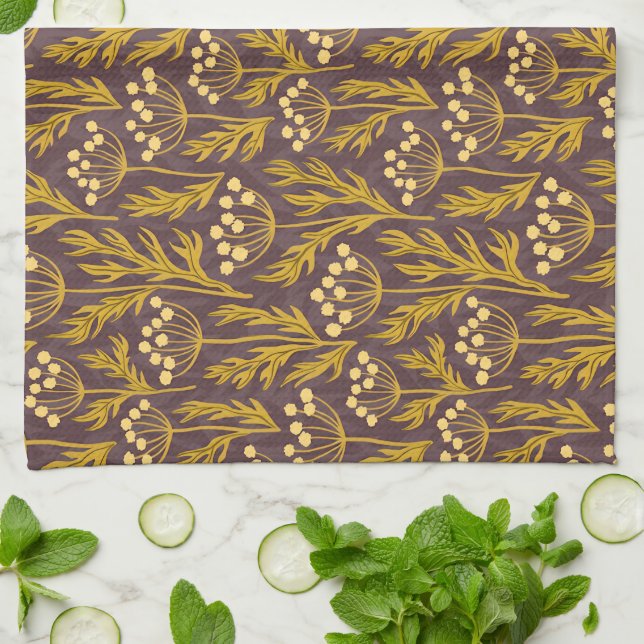 Paño De Cocina Natural Floral Pattern: Golden Accents  Dark Canva (Doblado)