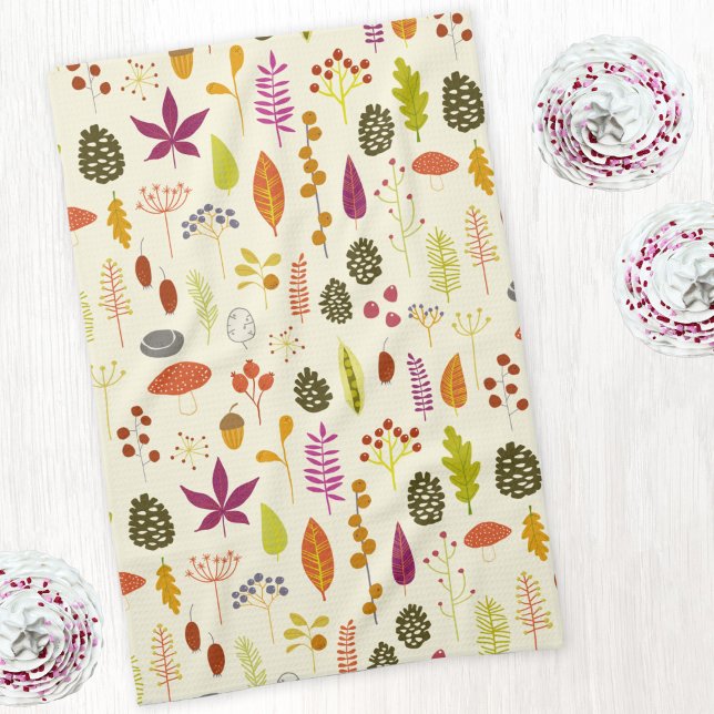 Paño De Cocina Naturaleza de los bosques (Nature leaves, pine cones and berries pattern art kitchen tea towel)
