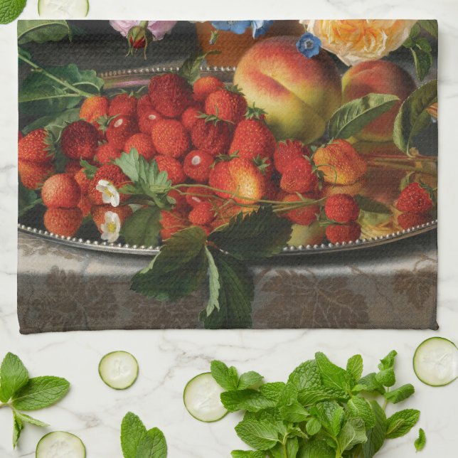 Paño De Cocina Naturaleza muerta Rosas y fresas por Otto Ottesen (Doblado)