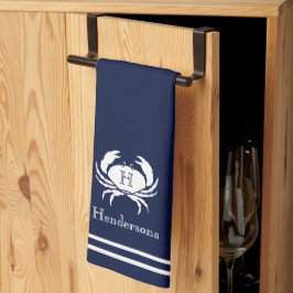 Paño De Cocina Náutica de cangrejo blanco azul de la Marina Monog