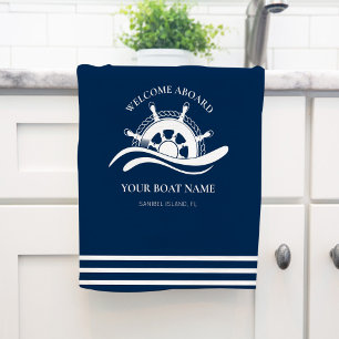 Paño De Cocina Náutica Nautical Wheel Boat Nombre Navy Azul