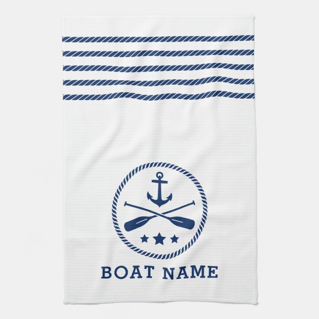 Paño De Cocina Nautical Anchor Oars Stars Bote Nombre Azul Blanco (Vertical)