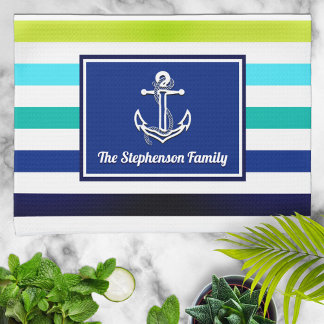 Paño De Cocina Nautical Beach Stripes Nombre familiar personaliza