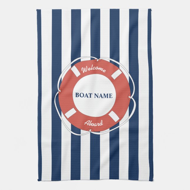 Paño De Cocina Nautical Blue Strike Welcome Aboard Bote Name (Vertical)