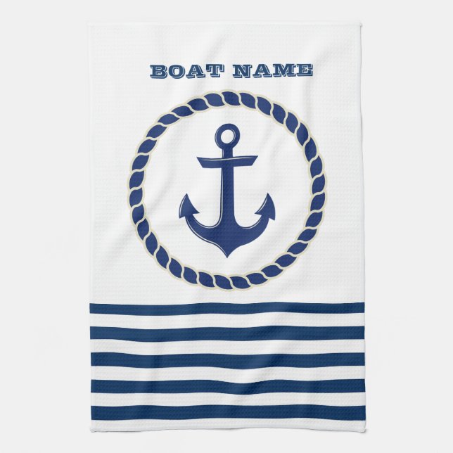Paño De Cocina Nautical Boat Name,Anchor Naval Blue Stried (Vertical)