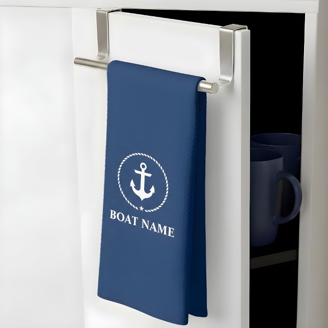 Paño De Cocina Nautical Boat Name Anchor Rope Navy Blue (Customize to change background color.)
