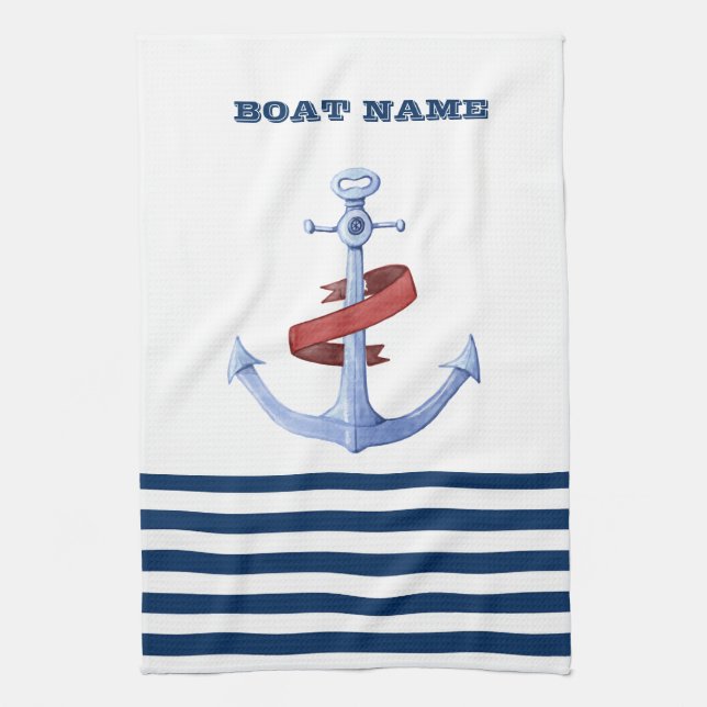 Paño De Cocina Nautical Boat Name,Blue Anchor Nave Strip (Vertical)