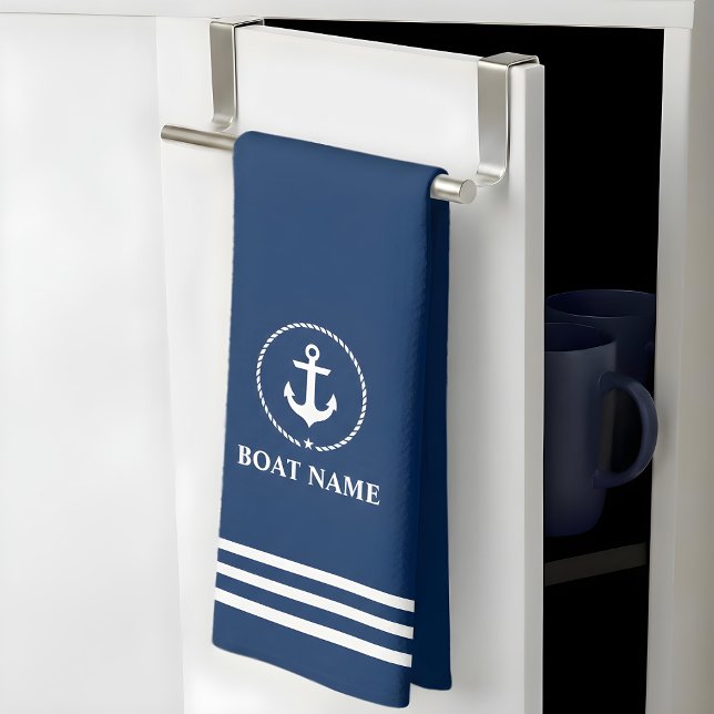 Paño De Cocina Nautical Bote Name Anchor Rope Blue Stried (Customize to change background color.)
