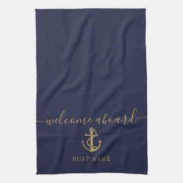 Paño De Cocina Nautical Bote Name Navy Blue Gold Welcome Aboard