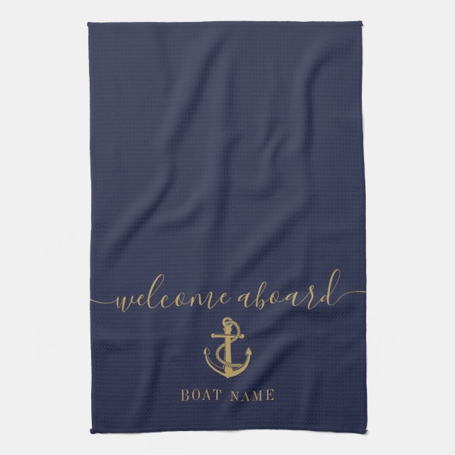 Paño De Cocina Nautical Bote Name Navy Blue Gold Welcome Aboard (Vertical)