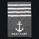 Paño De Cocina Nautical Classic Anchor Your Bot Name Gray White<br><div class="desc">Ancla clásica personalizado con su nombre de barco personalizado en una elegante toalla de cocina gris con rayas blancas.</div>