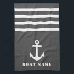 Paño De Cocina Nautical Classic Anchor Your Bot Name Gray White<br><div class="desc">Ancla clásica personalizado con su nombre de barco personalizado en una elegante toalla de cocina gris con rayas blancas.</div>