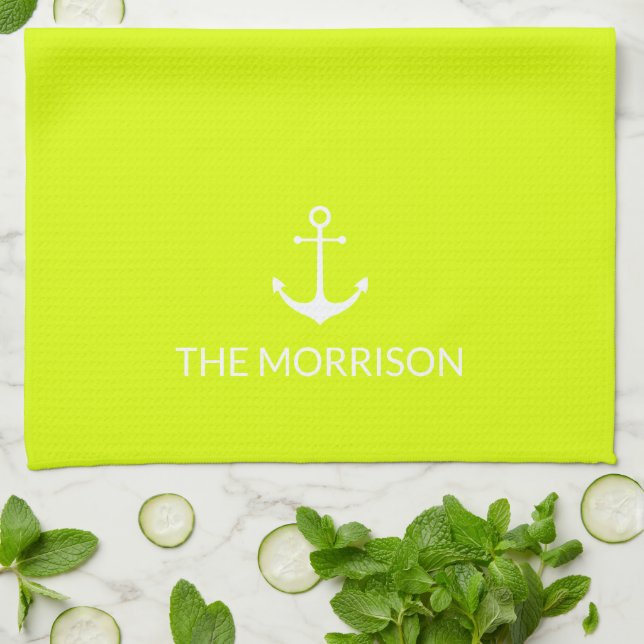 Paño De Cocina Nautical Custom Name ancla chartreuse lime verde (Doblado)